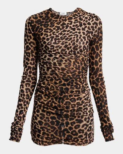 Saint Laurent Leopard-print Ruched Long-sleeve Mini Dress In Brown