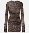 Saint Laurent Leopard-print Ruched Tulle Minidress In Brown