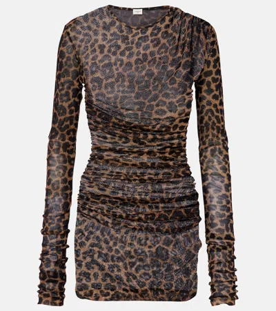 Saint Laurent Leopard-print Ruched Tulle Minidress In Brown