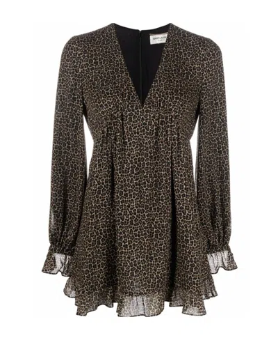 SAINT LAURENT SAINT LAURENT LEOPARD PRINTED LONG-SLEEVED DRESS