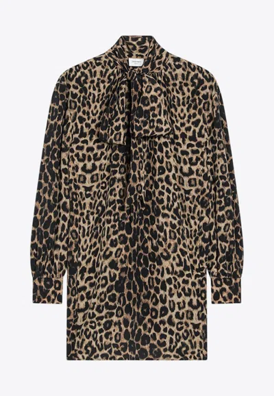 SAINT LAURENT LEOPARD PRINT SILK MINI DRESS