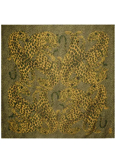 Saint Laurent Leopard-print Silk Scarf In Green