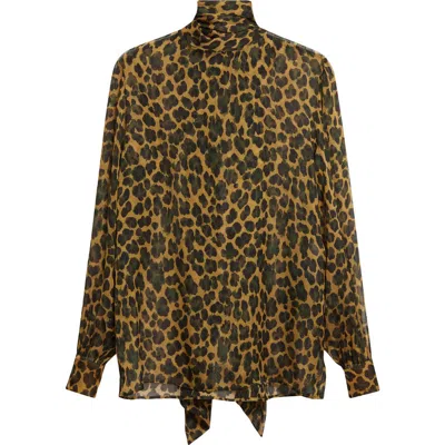 Saint Laurent Leopard Print Silk Top In Brown