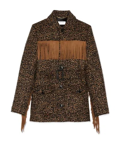 SAINT LAURENT SAINT LAURENT LEOPARD PRINT FRINGED JACKET