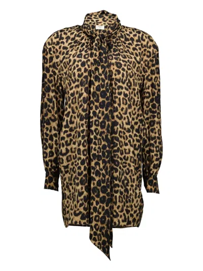 SAINT LAURENT LEOPARD-PRINT TIE-DETAIL DRESS