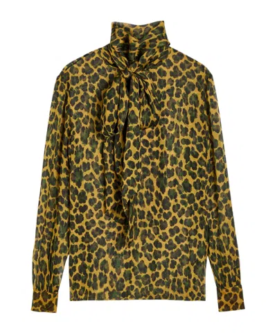 Saint Laurent Leopard Semi-sheer Silk Blouse In Green