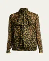 Saint Laurent Pussy-bow Leopard-print Silk-mousseline Blouse In Orange