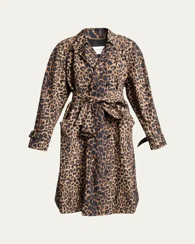 Saint Laurent Leopard-print Nylon Trench Coat In Brown
