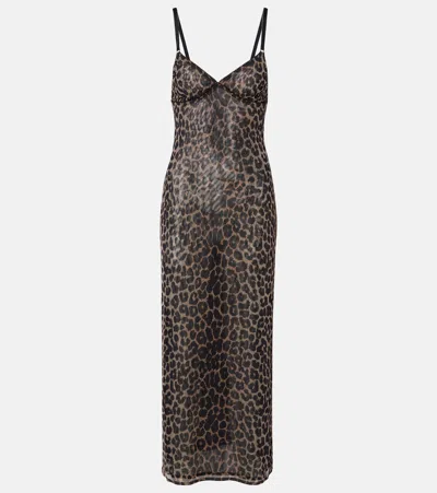 Saint Laurent Leopard-print Tulle Slip Dress In Brown