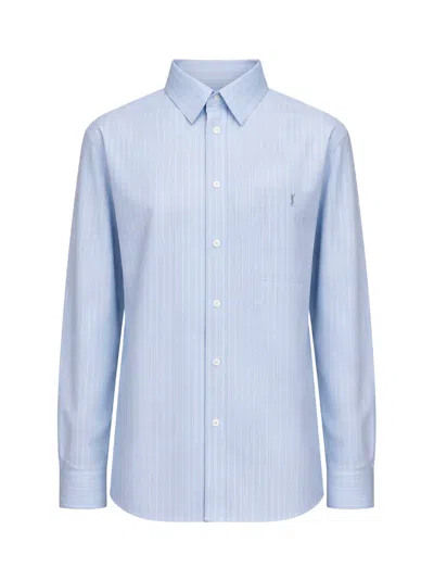 Saint Laurent Light Blue And Grey Striped Cotton Poplin Cassandre Shirt