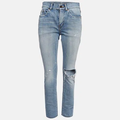 Pre-owned Saint Laurent Light Blue Ripped Denim Skinny Jeans M Waist 28"
