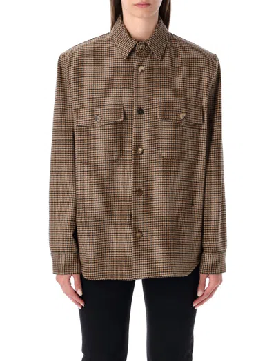 Saint Laurent Long Sleeve Checkered Overshirt Chest Pockets In Brown