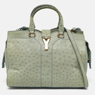 Pre-owned Saint Laurent Light Green Ostrich Leather Small Ligne Y Cabas Chyc Tote