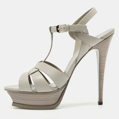 Pre-owned Saint Laurent Light Grey Leather Tribute Ankle Strap Sandals Size 39.5