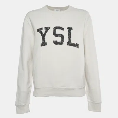 Pre-owned Saint Laurent Light Grey Logo Print Cotton Crewneck Sweatshirt S In Gray