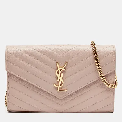 Pre-owned Saint Laurent Light Pink Matelassé Leather Cassandre Wallet On Chain