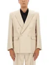 Saint Laurent Double-breasted Blazer With Buttoned Cuffs In Neutral
