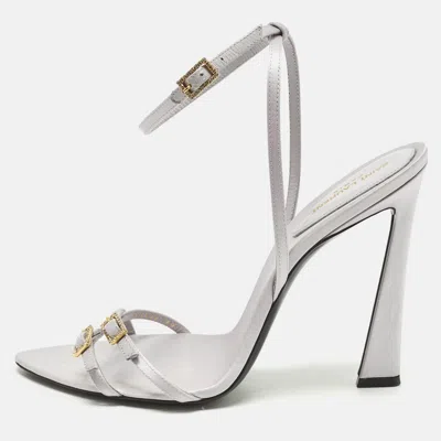 Pre-owned Saint Laurent Lila110 Size 39.5 Grey Satin Ankle Strap Sandals In Gray