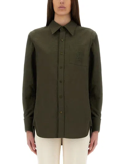 Saint Laurent Linen And Cotton "cassandre" Shirt In Green