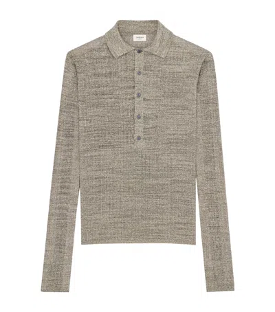 Saint Laurent Linen-blend Long-sleeve Polo Shirt In Gray