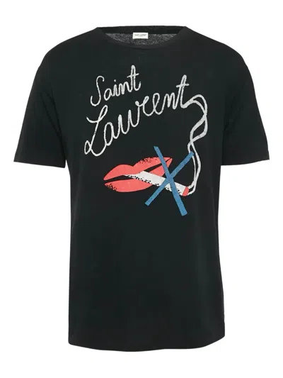 Pre-owned Saint Laurent Lips Cigarette Graphic T-shirt In Black