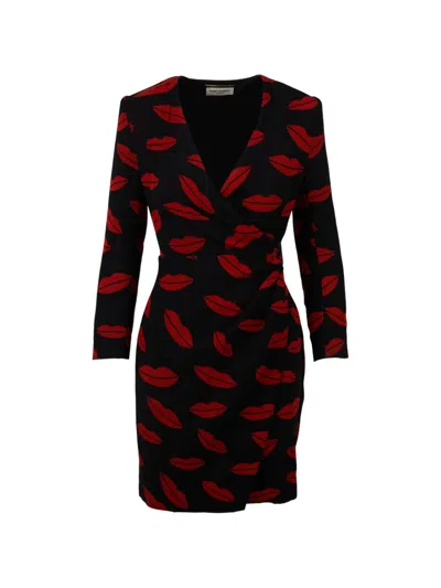 Pre-owned Saint Laurent Lips-print Wrap Dress In Black