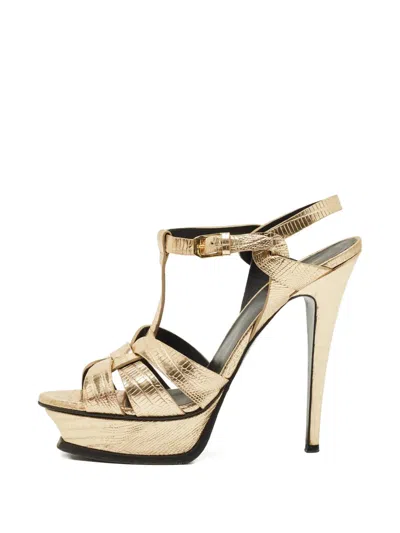 Pre-owned Saint Laurent Lizard-effect Platform Sandals In Gold