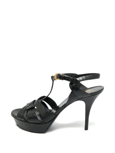 Pre-owned Saint Laurent Lizard-embossed Leather Sandals In Black