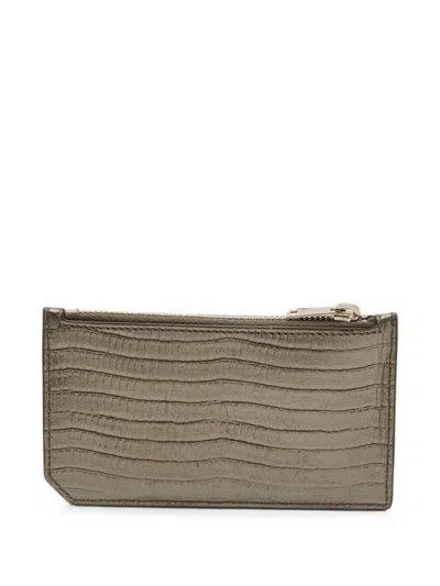 Pre-owned Saint Laurent Lizard-embossed Zip-up Card Holder In Gray