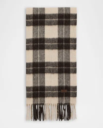 Saint Laurent Fringed Checked Llama And Wool-blend Scarf In Neutral