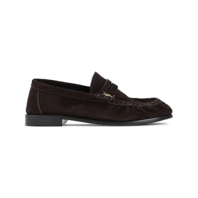 Saint Laurent Suede Ysl Penny Loafers In Chocolate
