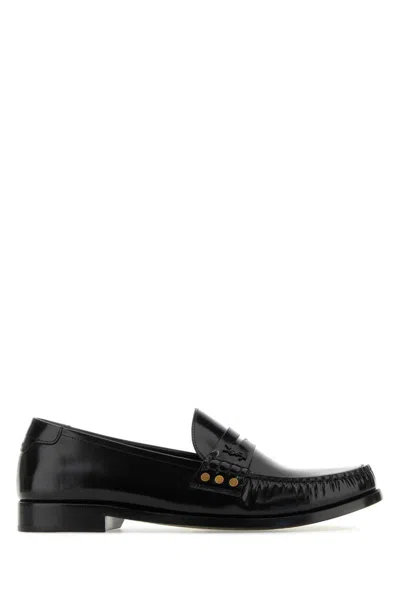 Saint Laurent Leather Fringed Loafers With Metal Studs In Black