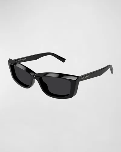 Saint Laurent Logo Acetate Cat-eye Sunglasses In Shiny Solid Black