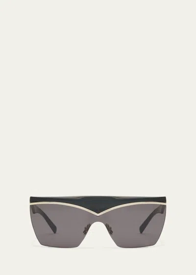 Saint Laurent Logo Acetate Shield Sunglasses In Shiny Black Light