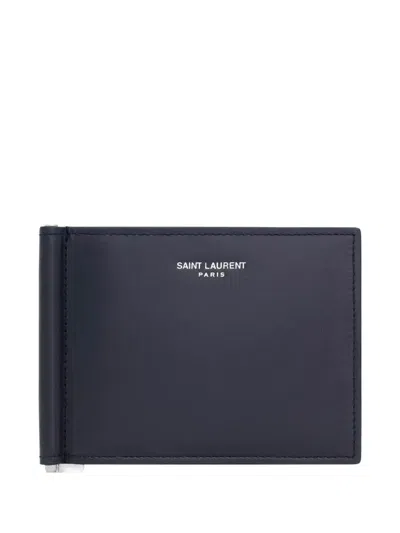 Saint Laurent Logo Bill-clip Wallet In Blue