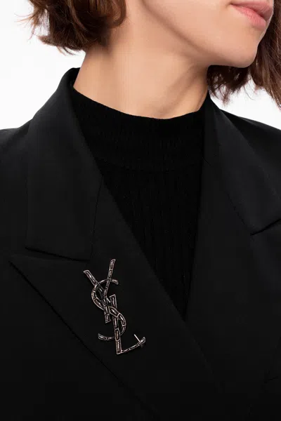 Saint Laurent Logo Brooch In Silver