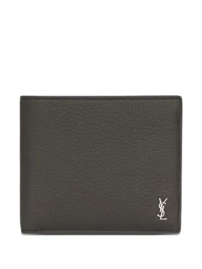 Saint Laurent Logo Calf Leather Wallet In Gray