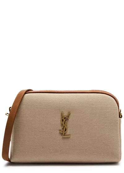 Saint Laurent Logo Canvas Cross-body Bag In Beige
