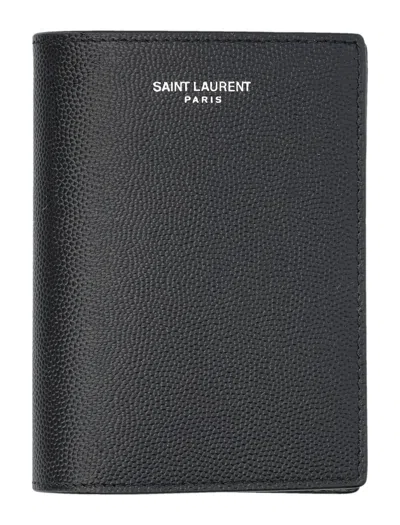 Saint Laurent Logo Card Fold Wallet In Gray