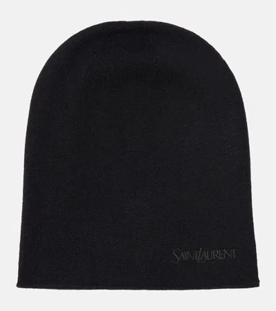 Saint Laurent Cashmere Embroidered Logo Beanie In Black