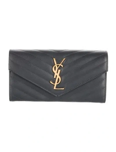 Pre-owned Saint Laurent Logo Chevron Flap Wallet Leather Wallet In Black