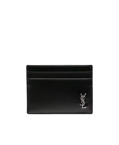 Saint Laurent Cassandre Small Leather Card Case In Black