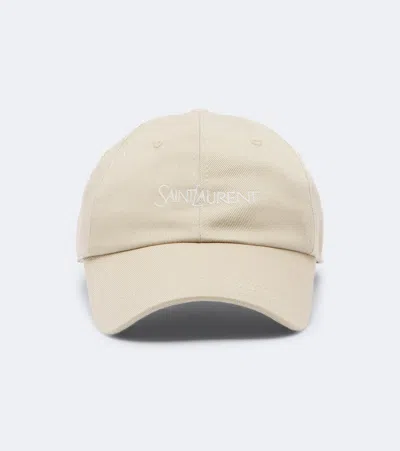 Saint Laurent Logo Cotton Gabardine Baseball Cap In Neutral