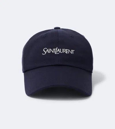 Saint Laurent Logo Cotton Gabardine Baseball Cap In Blau