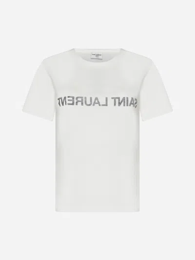 Saint Laurent White Crewneck T-shirt With Reverse Logo In Cotton Woman