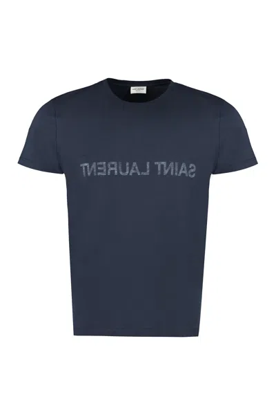 Saint Laurent Logo Cotton T-shirt In Blue
