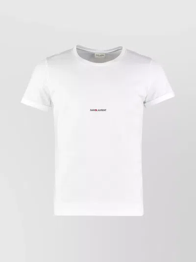 Saint Laurent Logo Crew Neck Cotton T-shirt With Cuffed Sleeves In White