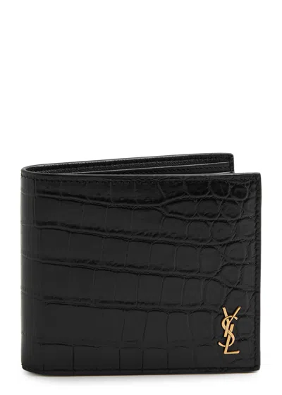 Saint Laurent Logo Crocodile-effect Leather Wallet In Black