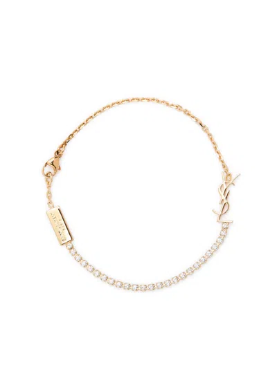 Saint Laurent Logo Crystal-embellished Bracelet In Gold