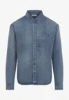 Saint Laurent Blue Long Sleeves Logo Denim Shirt In Blue